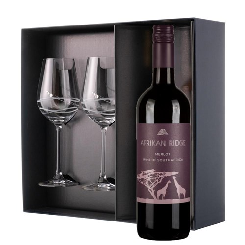 Afrikan Ridge Merlot 75cl Red Wine And Diamante Venezia Glasses Gift Box Set